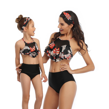 New sexy padded mesh spliced ruffle high waist two-piece parent-child swimwear-MOM (Without hair band)