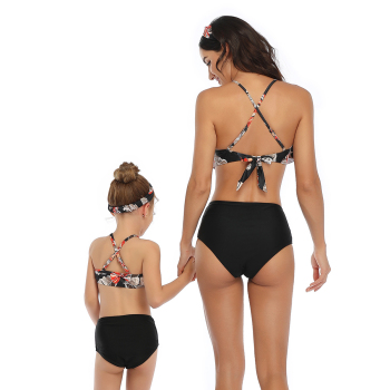 New sexy padded mesh spliced ruffle high waist two-piece parent-child swimwear-MOM (Without hair band)