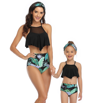 New sexy padded adjustable straps mesh spliced two-piece parent-child swimwear-MOM (Without hair band)