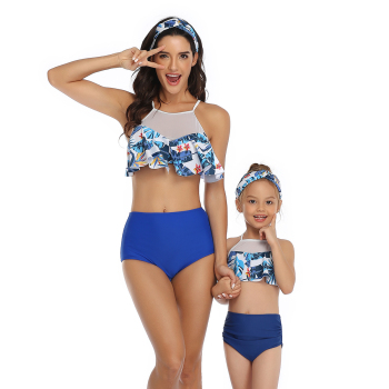 New sexy padded digital print & mesh spliced ruffle two-piece parent-child swimwear-MOM (Without hair band)