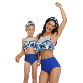 New sexy padded digital print & mesh spliced ruffle two-piece parent-child swimwear-MOM (Without hair band)