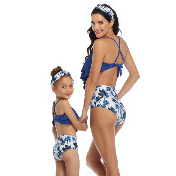 New sexy fresh padded coconut trees print ruffle two-piece parent-child swimwear-MOM (Without hair band)