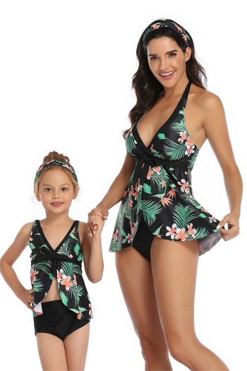 New sexy fresh padded flowers print skirted two-piece parent-child swimwear-MOM (Without hair band)