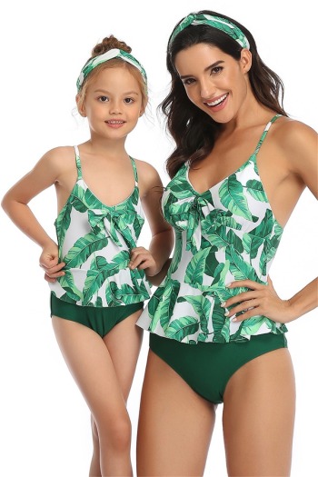 New leaves print bowknot padded sexy one-piece parent-child swimwear-MOM (Not hair band)