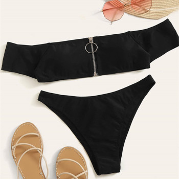 New black padded chest zip-up sexy two-piece bikini