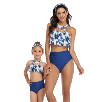 New coconut trees print padded hollow sexy two-piece parent-child swimwear-MOM (Not hair band)