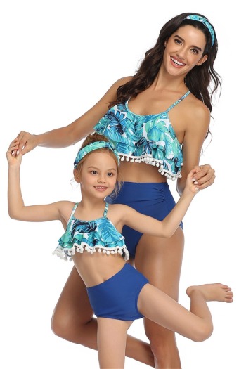 new stylish leaves print ruffle tassel family swimwear-kids (not hair band)