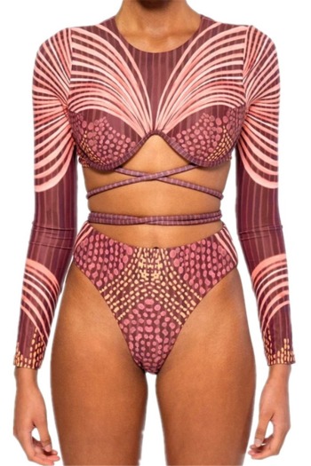 New digital print padded long-sleeve bandage sexy two-piece bikini