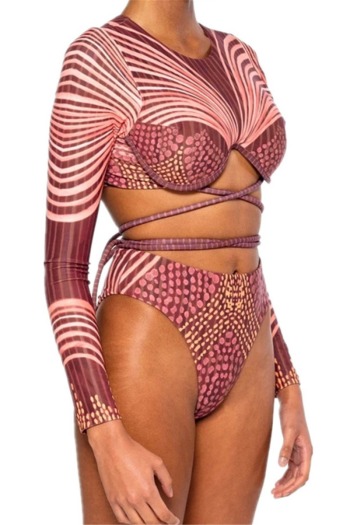 New digital print padded long-sleeve bandage sexy two-piece bikini