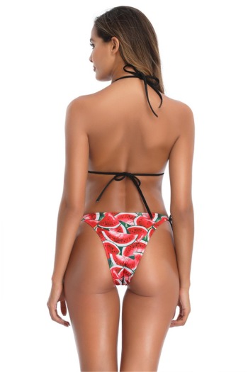 New water-melon print padded halter-neck laced sexy fresh two-piece bikini