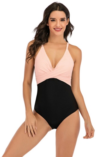 plus size pink and black spliced padded adjustable straps sexy fresh one-piece bikini