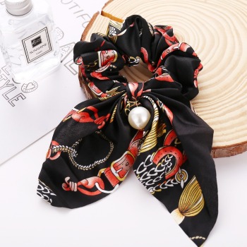 1 pc black pearl decor printing scrunchie scarf