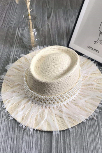 New spring-summer pearl lace straw woven big-brim beach sea travel round sun hat