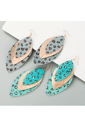 1 pair leaf design three-layered leopard pu earrings