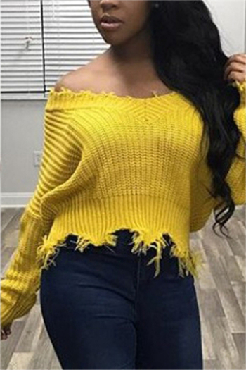 Autumn Yellow Strapless Shoulder Broken Edge Long Sleeve Sexy Sweater