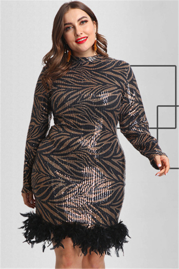 plus size new stylish leaf batch printing spliced feather sequin stretch dress