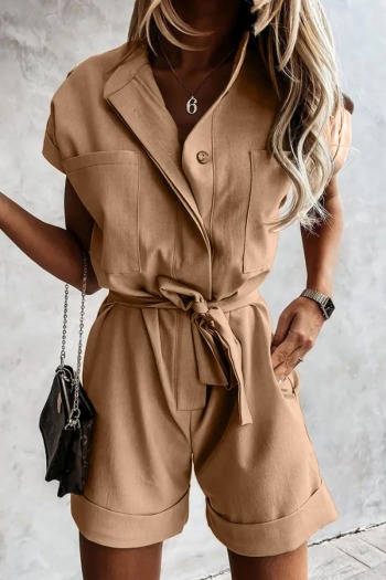 Summer new stylish solid color inelastic single-breasted pocket with belt short sleeves casual playsuit