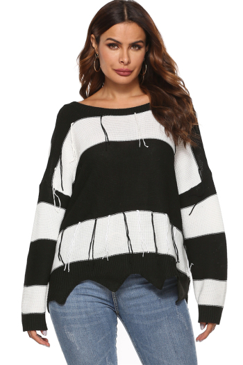 plus size new stylish black and white stripes stretch open-back tassel sexy knitting sweater