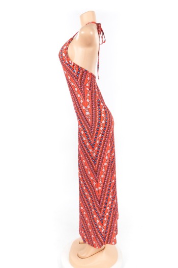 Sexy Deep V-Neck Printed Halter Strap Backless Dress