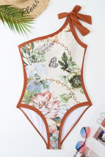 stylish retro padded leaf & flower printing one shoulder one-piece swimsuit