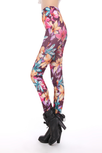  purple multicolor floral design printing leggings