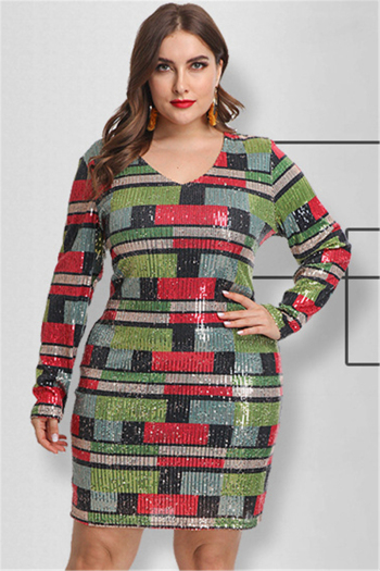 plus size new stylish back zip-up lattice batch printing sequin embroidered stretch dress