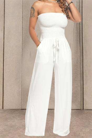 plus size solid color laced pockets strapless wide leg stretch jumpsuit