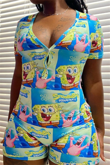 new plus size cartoon print stretch v-neck stylish slim playsuit