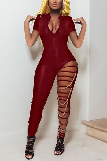 summer plus size solid color ripped simple zip-up tight new stylish jumpsuit (new added color)