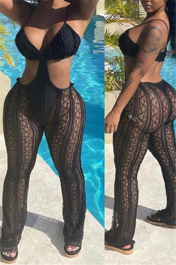 plus size new style solid color sling deep v-neck lace see through sexy jumpsuit