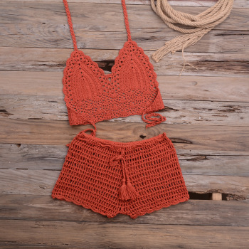 new two colors crochet unpadded halter-neck waist lace-up sexy two-piece swimsuit