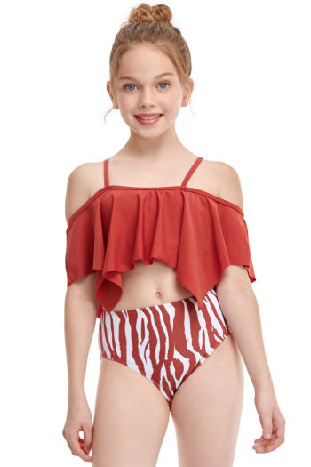 kids new irregular stripes print unpadded adjustable straps ruffle stylish cute two-piece swimwear