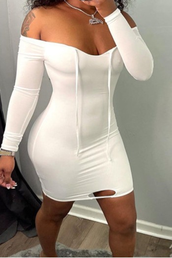 autumn new plus size stretch off-shoulder lace-up hole sexy bodycon mini dress