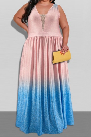 xl-5xl gradient color printing micro-elastic v-neck mesh spliced pockets stylish maxi dress