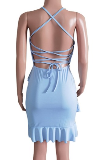 Five colors summer solid color sling backless lace-up ruffle stretch mini dress