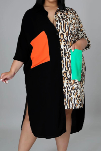 l-5xl autumn new leopard printing contrast color spliced inelastic pocket stylish irregular midi shirtdress