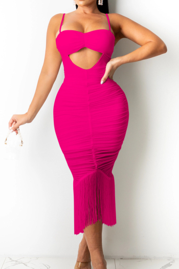 plus size 4 colors summer solid color hollow out stitching tassel stretch midi dress