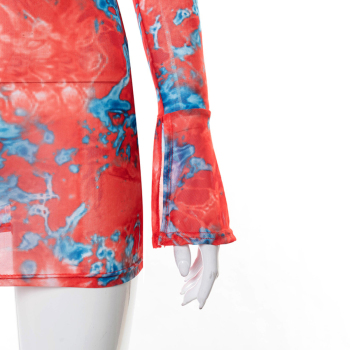 Summer new style batch printing  cutout mesh halter neck micro-flare sleeve elastic mini dress