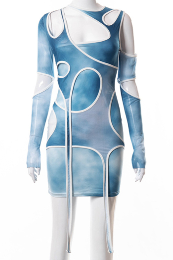 Autumn new style tie-dye batch printing cutout bandage irregular elastic sexy mini dress