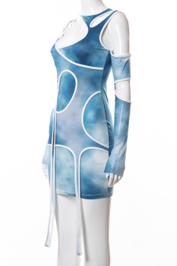 Autumn new style tie-dye batch printing cutout bandage irregular elastic sexy mini dress