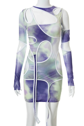 Autumn new style tie-dye batch printing cutout bandage irregular elastic sexy mini dress