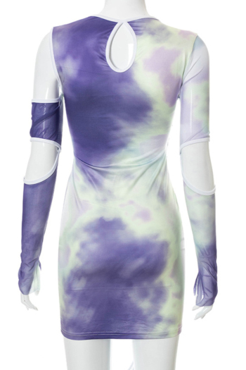 Autumn new style tie-dye batch printing cutout bandage irregular elastic sexy mini dress