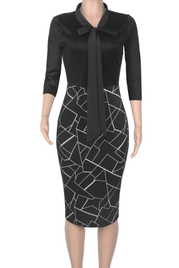 Plus size three-quarter sleeve zip-up lace-up micro elastic slim midi dress