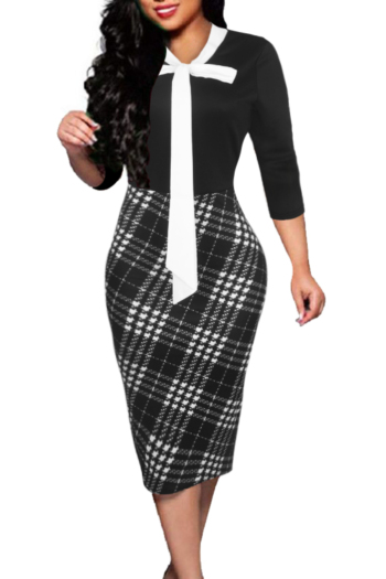 Plus size three-quarter sleeve zip-up lace-up micro elastic stitching batch printing slim midi dress