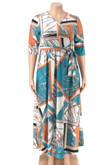 XL-5XL new batch printing stretch V-neck loose stylish casual maxi dress with belt 1#