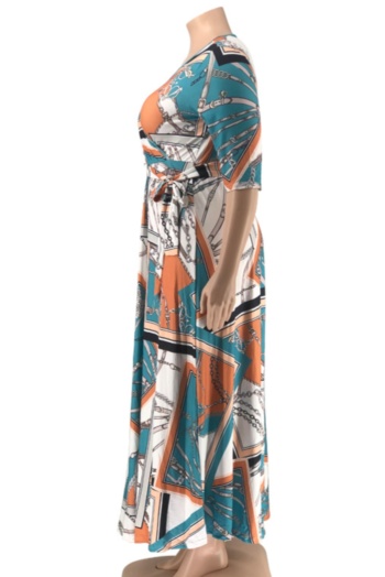 XL-5XL new batch printing stretch V-neck loose stylish casual maxi dress with belt 1#