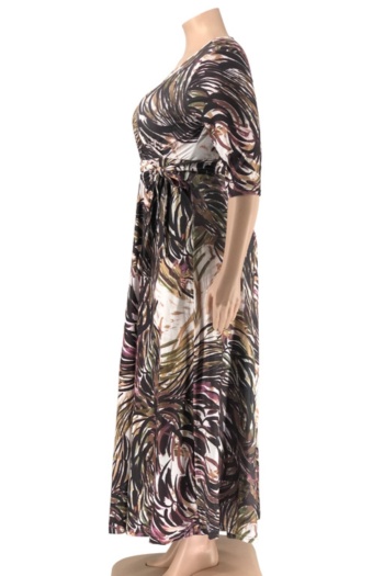 XL-5XL autumn new batch printing stretch V-neck loose stylish casual maxi dress with belt 2#