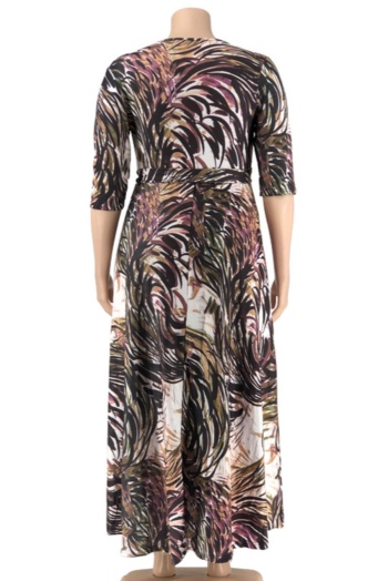 XL-5XL autumn new batch printing stretch V-neck loose stylish casual maxi dress with belt 2#