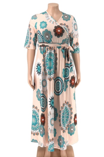 XL-5XL new batch printing stretch V-neck loose stylish casual maxi dress with belt 3#