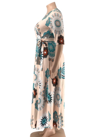 XL-5XL new batch printing stretch V-neck loose stylish casual maxi dress with belt 3#